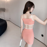 Women's Hollow Out Halter Dress Design Contrast Color Sleeveless Open Waist Korean Style Hip Wrap