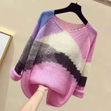 Color-block Knitted Sweater Women Fashion Thin Section Long-sleeved Loose Hollow Lazy Sweater Pullover Female