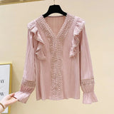 V-neck Women's Shirts Loose Vintage Long Sleeve Sweet Woman's Blouse Lace Stitching Flare Sleeve Solid Blouse Women