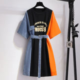 Patchwork T Shirt Dress Women Korean Ulzzang Causal Party Dress Sashes Streetwear Plus Size Fake Two Piece Dress
