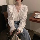Blouses Shirts Spring Female Tops V-neck Ruffles Solid Elegant French Fashion Cozy High Quality Chic Ins Daily Date