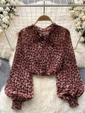 Korean Print Chiffon Shirt Bow Neck Long Sleeves Loose Leopard Top Casual Paisley Vintage Floral Blouse Spring