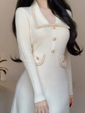 Winter Vintage Knitted Midi Dresses for Women 2023 Elegant Fashion Turn Down Collar Long Sleeves Sweater Female