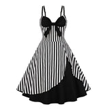 Style 50s Pinup Dress Women Vintage Cocktail Patchwork Red Striped Printed Spaghetti Straps 1950s Rockabilly Party