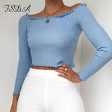 Autumn 2020 Summer Long Sleeve Crop Top Knit Women Ruffles Khaki Casual T Shirts Basic Off Shoulder Sexy Top