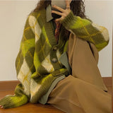 Zingj 2023 New Autumn Winter Loose Green Diamond Sweater Cardigan Coat Thick Lazy Sweater