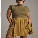 Zingj Parquet Small Turtleneck Dress Short Sleeve Pleated Knit Elegant Pure Color Slim Mini Dress Woman-Outfit