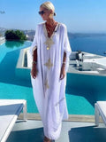 Elegant Gold Embroidered Kaftan Retro V-neck White Dress Plus Size Women Clothes Summer Beach Wear Swim Maxi Dresses