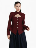 British Wind 2025 New Standing Collar Hollow Out Waist Irregular Short Texture Long Sleeve Suit Jacket