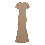 Zingj Trendy Women's Dress Sexy High Waist Hip Fishtail Skirt Temperament Solid Color Short-Sleeved Round-Neck Dress Long