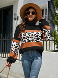 Tops 2022 Women Autumn Winter New Women's Turtleneck Knitted Pullover Spell Color Leopard Sweater Office Lady