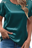Lady Short Sleeve Satin Blouse Loose Casual Round Neck Solid Shirts Fashion 2023 Summer Elegant Tops Women Clothing