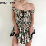 Women Eyelet Lace-up Off Shoulder Floral Print Dress Elegant Fashion Chic