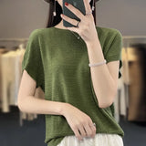 Zingj Line Of Clothing Worsted Short Sleeve Female Round Collar Loose Thin Bat Sleeve Vest Shirt Hollow Out Outside The Hair-Outfit