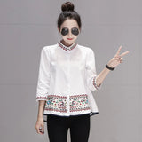 Autumn Dress New 2025 Shirt Women's Seven Minute Sleeve Versatile Standing Collar Embroidered A Figure Doll Shirt