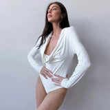 White V-Neck Draped Long Sleeve Bodysuit- Outfit