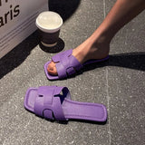 Version Of The Solid-Color Flat-Bottomed Slippers Women Slippers Square Head Breathable One Foot Pedal Home Slippers