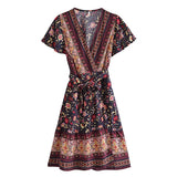Queens Women Pink Floral Print Cross V-neck Beach Wrap Mini Dress Ladies Short Sleeve Rayon Boho Dresses