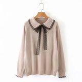 Lace-up Doll Collar Long-sleeved Sweater Female Long-sleeved Fashion Flower Edge Stitching Knitted Sweater Pullover