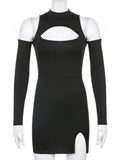 Crewneck Black Cut Out Dress Women Party Vintage Backless Mini Dress Women Street Clubwear Spring Sexy Dresses