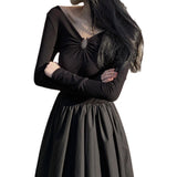 Zingj Hepburn V Neck Long Sleeve Knitted Dress Female Summer French With A Waist Show Long Skirt-Outfit