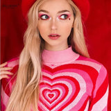 Aesthetics Heart Striped Turtleneck Pullovers E-girl Sweet Long Sleeve Hot Pink woman sweaters Harajuku 90s Knitwear