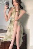 Sexy Sleeveless Neck-mounted Party Maxi Dresses for Women Halter Spaghetti Strap Folds Midi Dress Elegant Fashion