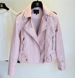 Female New Spring Autumn PU Leather Jacket Faux Soft Leather Coat Slim Black Rivet Zipper Motorcycle Pink