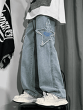 Men's Distressed Star Embroidered Loose Jeans- Outfit