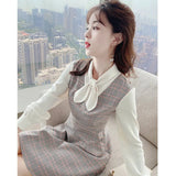 Zingj Dress Female Spring And Autumn French Plaid 2024 Spring Dress New Long Sleeve Temperament Closed Waist Retro Skirt-Outfit