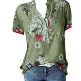 new women's shirt printing large size casual shirt loose V-neck short-sleeved shirt