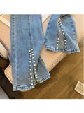 Summer New Women's Denim Pants Fashion High Waisted Pearls Beaded Split Trousers Sexy Slim Y2k Stretch Trumpet Jeans