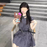 Family Gold Wind Gray Wave Dot Dress Women's Summer Small Design Feeling Waist Thin 100 Folds Short