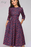 pleated tunic print dress women Elegant ladies A line dresses Long sleeve female autumn mixi party dress