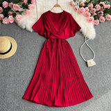 Zingj Temperament Fashion V Collar Fly Sleeve Dress Simple Pure Color Waist Belt Pleated Long