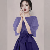 Designer 2022 New Fashion Women 2 Piece Set Summer Puff Sleeve Long Purple T Shirt Tops + Bow Irregular A Line Skirt