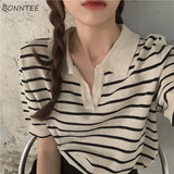 Women Tees Striped Vintage Office Lady Y2k Top V-neck Summer Harajuku BF Classic Cropped Soft Streetwear Fashion