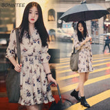 Women Printed Korean Style Retro All-match Chiffon Ruffles Leisure Womens A-Line Clothing Long Sleeve Female V-Neck