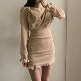 Style Elegant Autumn Mini Bodycon Dress Women Cross V Neck Long Puff Sleeve Pleated Party Dresses Robe Femme