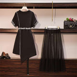 Size M-4XL 2 Piece Set New Summer Women Long Cotton T-shirt Dress +Mesh See Through Skirt Suits Letter Print Sweet