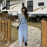 Jeans Summer Thin Denim Suspender Skirt Slit Slip Dress Korean Fashion Denim Pants Cotton Streetwear 2022 Pant for