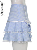 Women Lace Trim Lolita Kawaii Skirt Korean Cute Summer Blue Plaid Aesthetic Vintage 90s Streetwear Cake Dance Mini