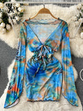 Summer Hollow Out Beach Dress Women Long Sleeves Bow Slim Bodycon Sundress Hliday 2023 Transparent Sexy Short