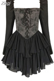 Autumn Vintage Elegant Long Sleeve Dresses Square Collar Patchwork Women Black Evening Party Midi Dresses Sweet