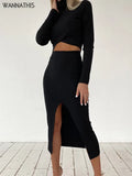 2 Piece Sets Womens outfits Winter Long Sleeve Turtleneck Crop Top And Women Midi Black Skirt Split Sexy Casual