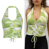 Summer Print Sleeveless Backless Tank Top Women V Neck Sexy Halter Crop Tops Tees Vintage Fashion Camisole