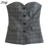 Women Fashion Strapless Off Shoulder Single Breasted Plaid Slim Blouse Female Inner Style Vest Blusas Chic Tops