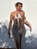 Silver Off Shoulder Backless Mini Dress Women Sleeveless Slim Fit Short Dresses 2024 New Fashion Lady Party Prom