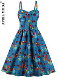 Printed Spaghetti Strap 50s 60s Casual Dress Bow Backless Midi Vestidos Sexy Summer Women Sundress Female Vintage
