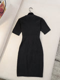 Summer New Knitted Dress Women V-neck Short Sleeve Single-Breasted Bow Beaded Diamonds Dress High Waist Slimming Mini